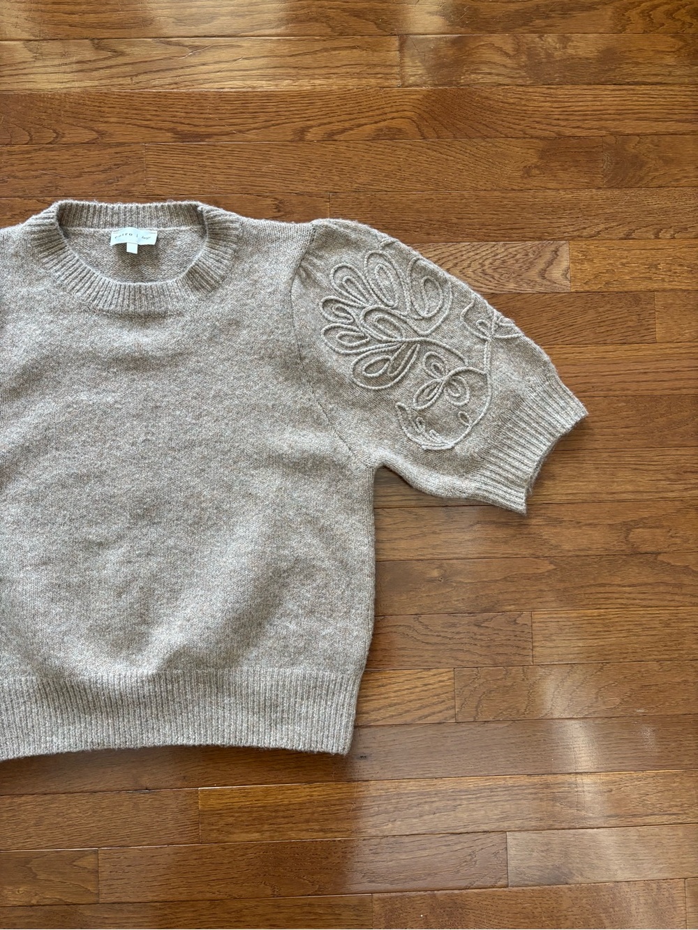 Entro Beige Cozy Knit Puffy Sleeve Sweater with Embroidered Sleeves
